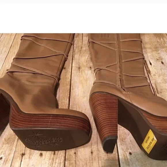 Tan Leather OTK Platform Stacked Strappy Boots - Picture 5 of 5